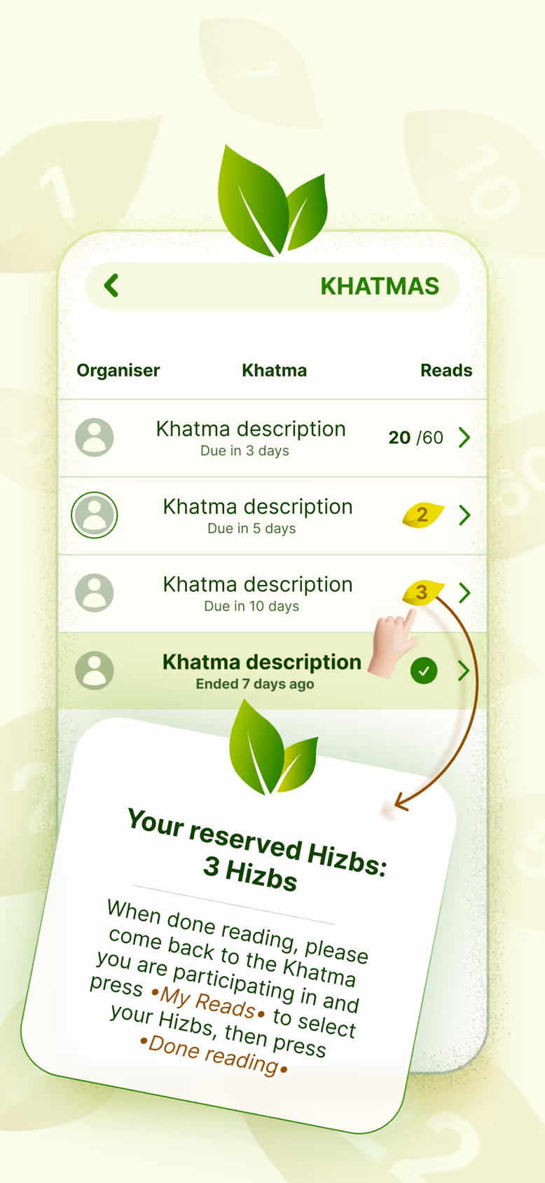 The list of Khatmas with each organiser, description and read count, and a reminder of the three Hizbs you reserved.