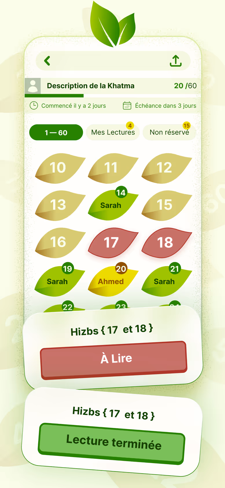 Réservation des Hizbs 17 et 18, puis validation une fois la lecture terminée.