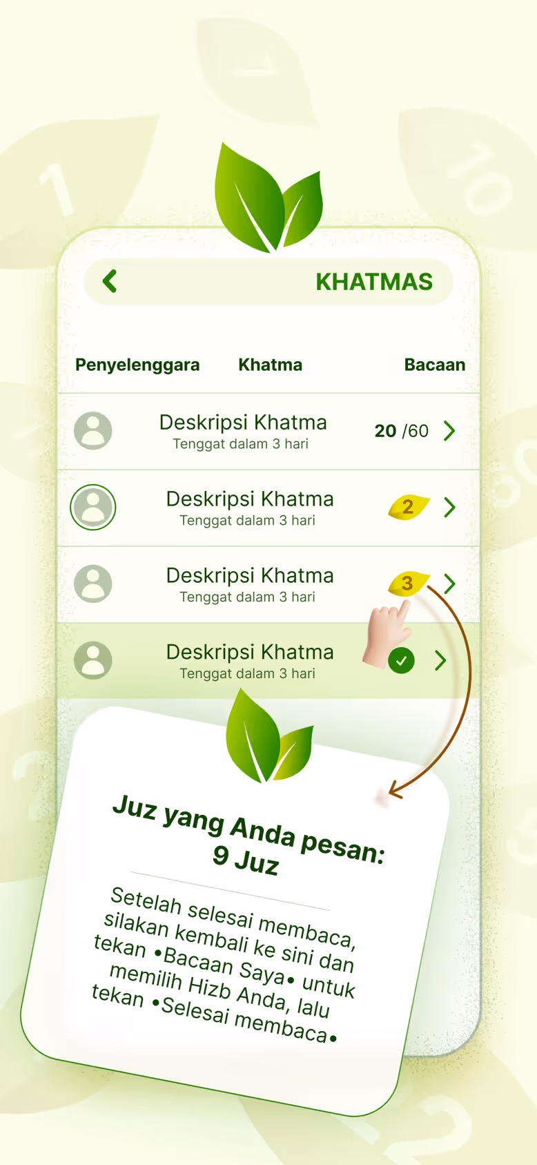 Daftar Khatma lengkap dengan penyelenggara, deskripsi, dan jumlah bacaan, serta pengingat tiga hizb yang sudah Anda pesan.