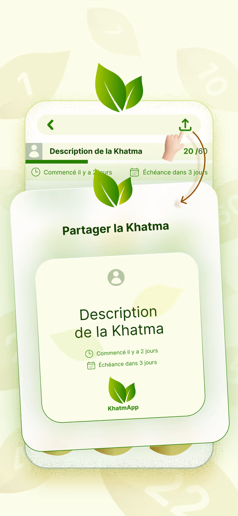 Partage d’une Khatma : une carte d’invitation avec la description et l’échéance, prête à envoyer à vos proches.