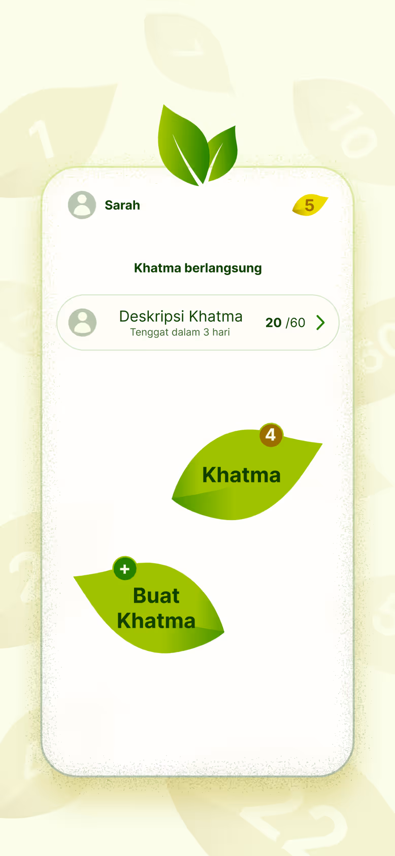 Layar utama: Khatma yang sedang berjalan dengan 20 dari 60 bacaan, plus pintasan ke daftar Khatma dan pembuatan Khatma baru.