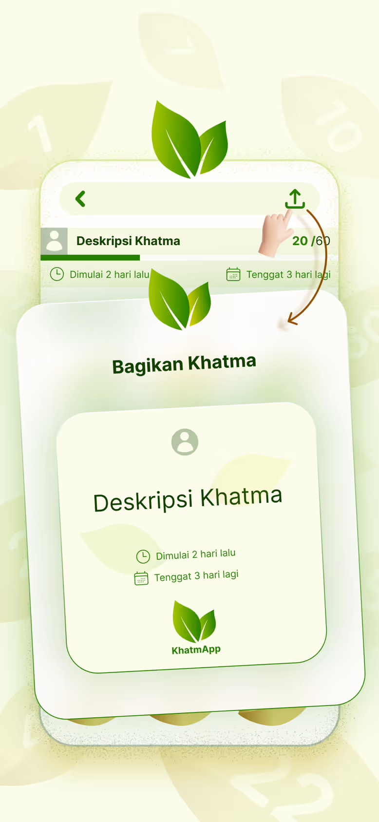 Membagikan Khatma: kartu undangan berisi deskripsi dan tenggat waktu, siap dikirim ke keluarga dan teman.