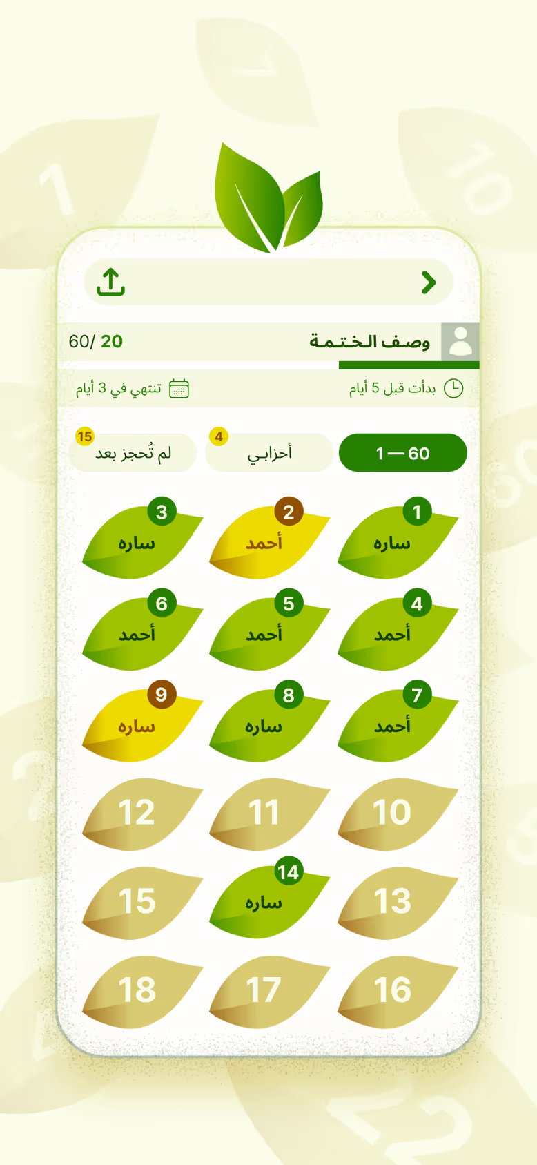 أحزاب الختمة الستون على شكل أوراق: ما حجزته سارة وأحمد، وما لا يزال متاحًا.