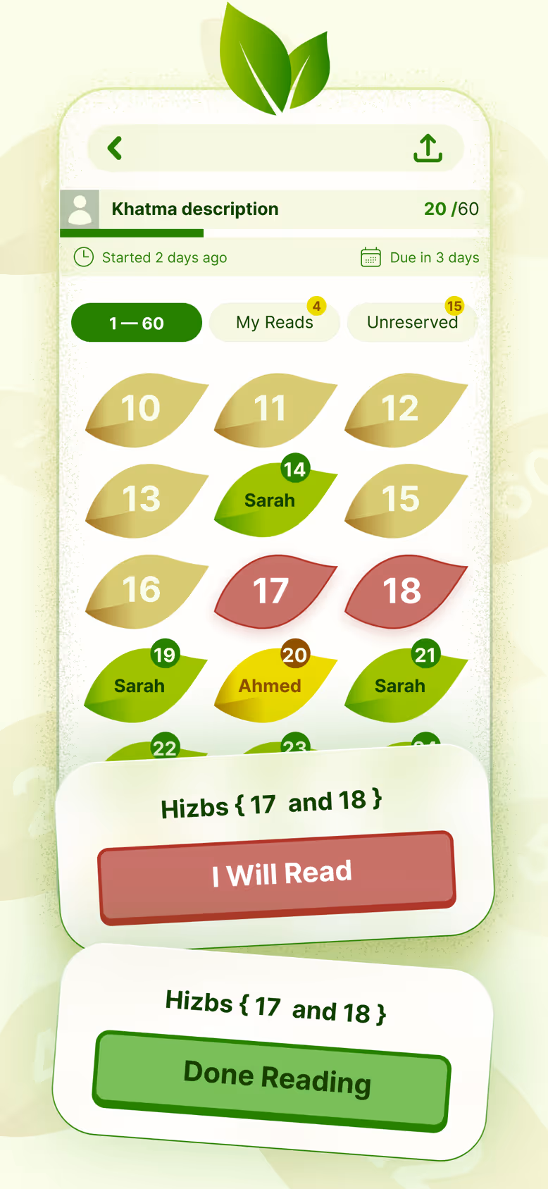 Claiming Hizbs 17 and 18 to read, then marking them finished once the reading is done.