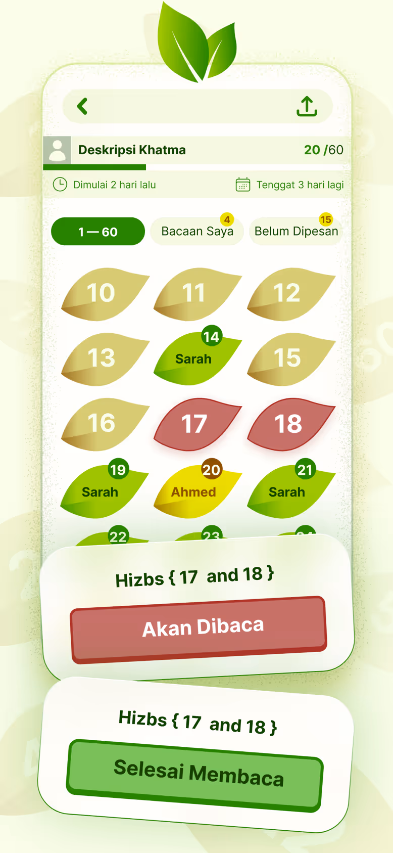 Memesan hizb 17 dan 18 untuk dibaca, lalu menandainya selesai setelah rampung.